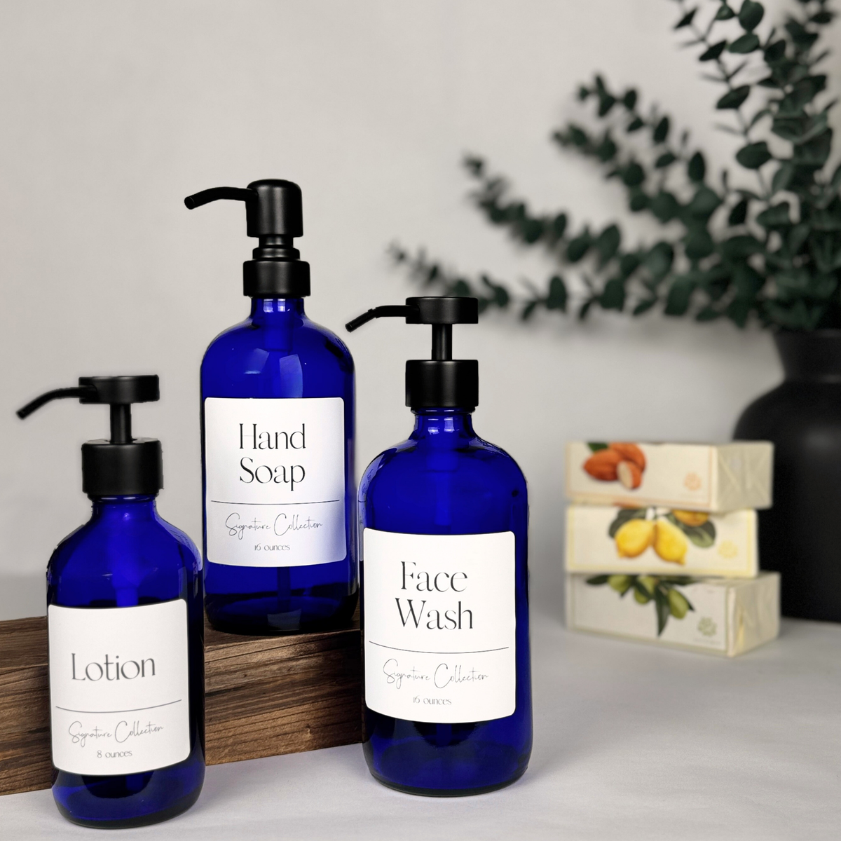 Cobalt Blue Glass Dispenser - Signature Collection Custom Label product detail
