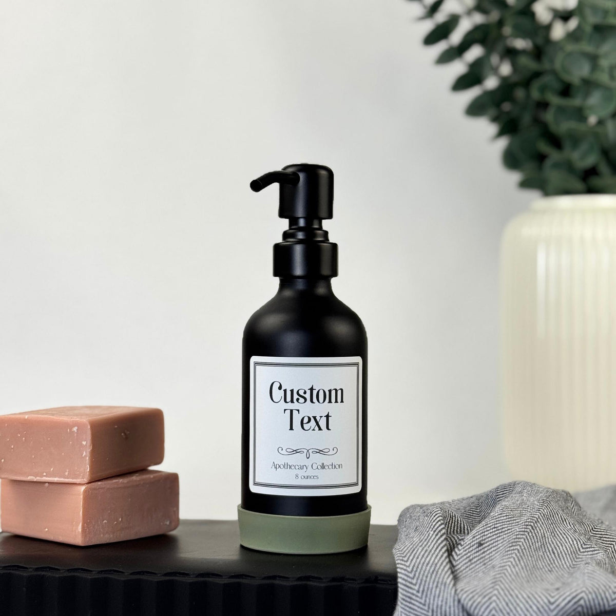 Black Matte Glass Dispenser with Silicone Sleeve - Apothecary Collection Custom Label product detail