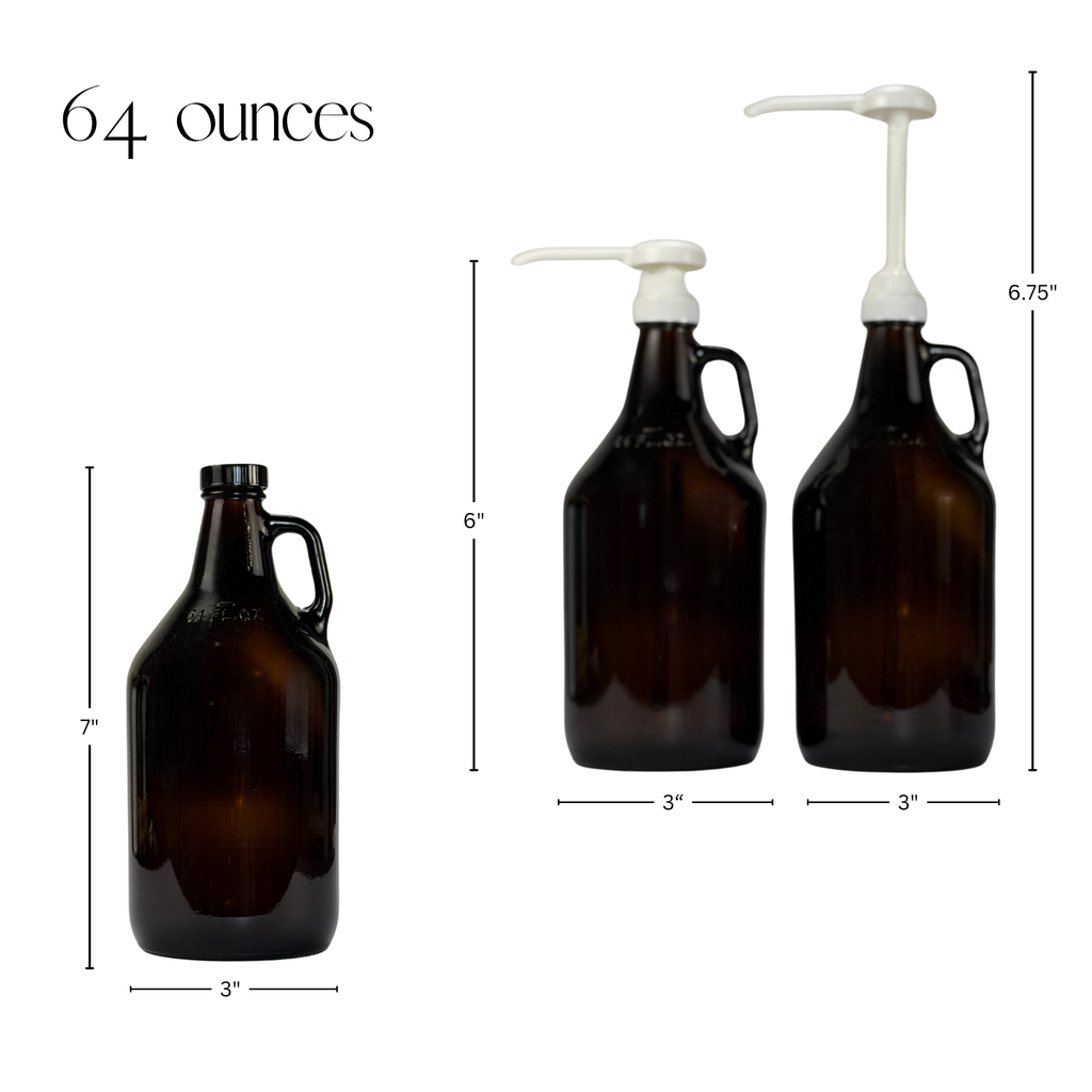 64-ounce Amber Glass Bottle - Custom Label showing product measurements