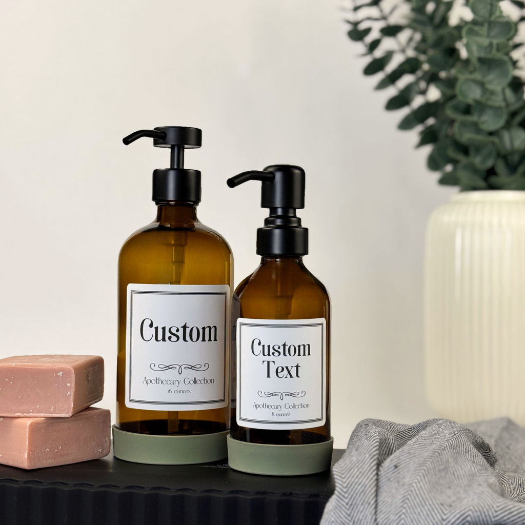 Amber Glass Dispenser with Silicone Sleeve - Apothecary Collection Custom Label showing custom label detail