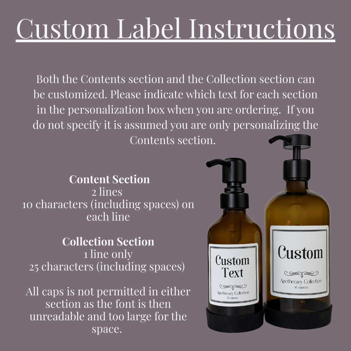 Amber Glass Dispenser with Silicone Sleeve - Apothecary Collection Custom Label showing personalization instructions