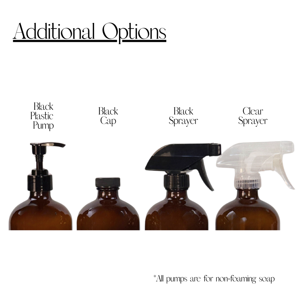 Amber Glass Dispenser - Signature Collection Custom Label showing available pump, sprayer and cap options