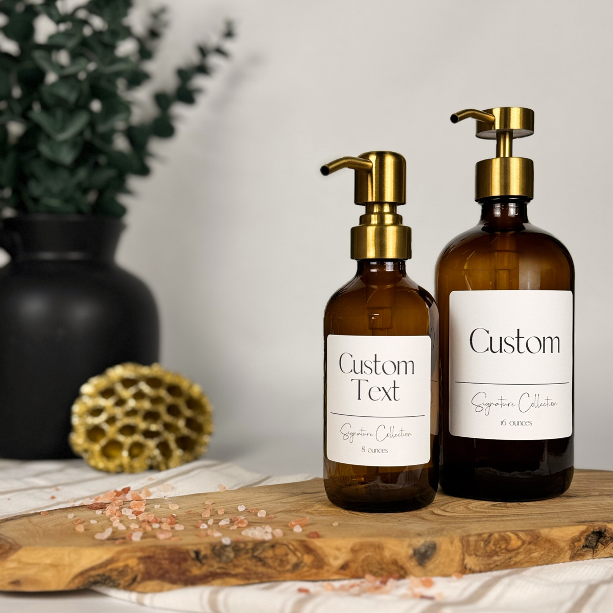 Amber Glass Dispenser - Signature Collection Custom Label showing custom label detail