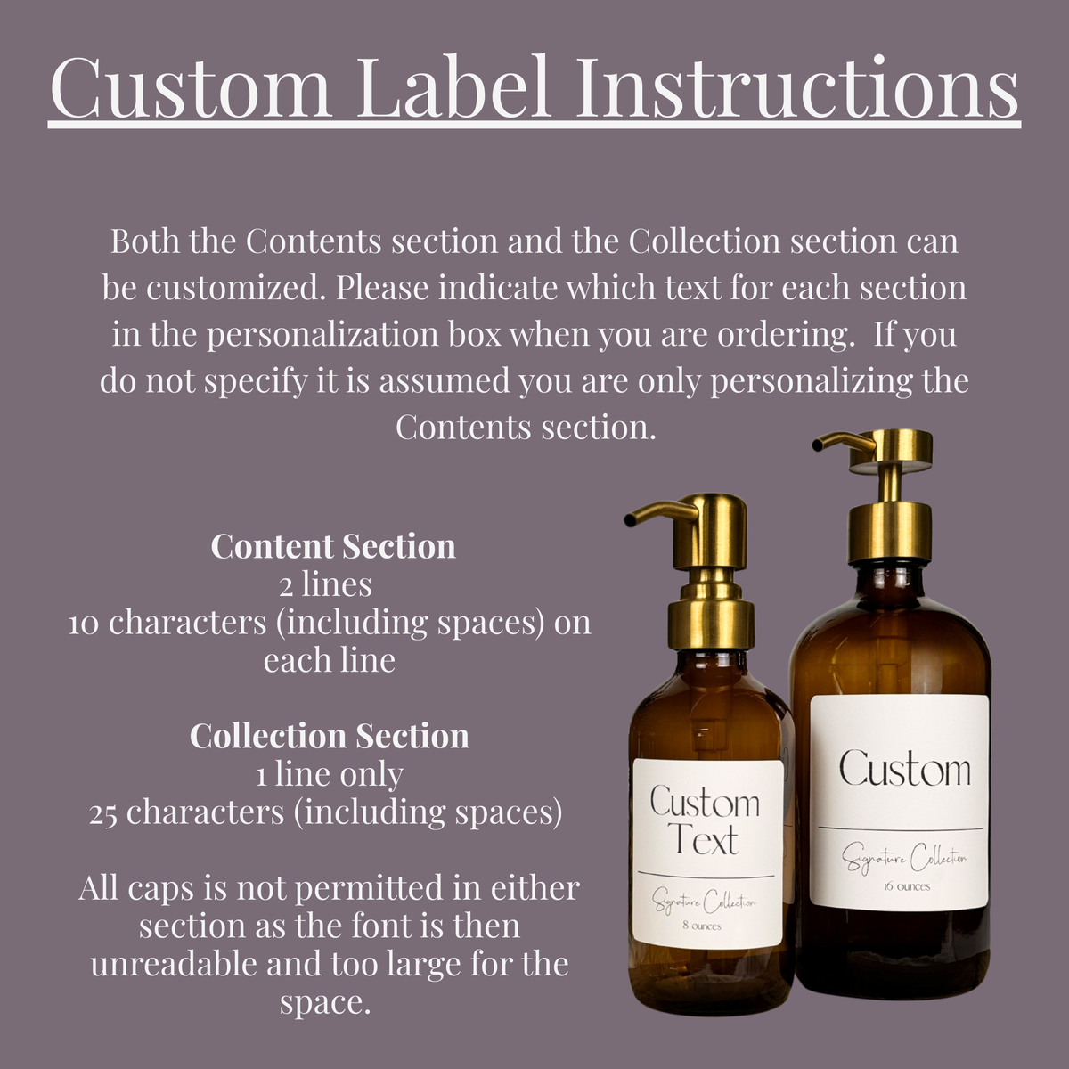 Amber Glass Dispenser - Signature Collection Custom Label showing personalization instructions