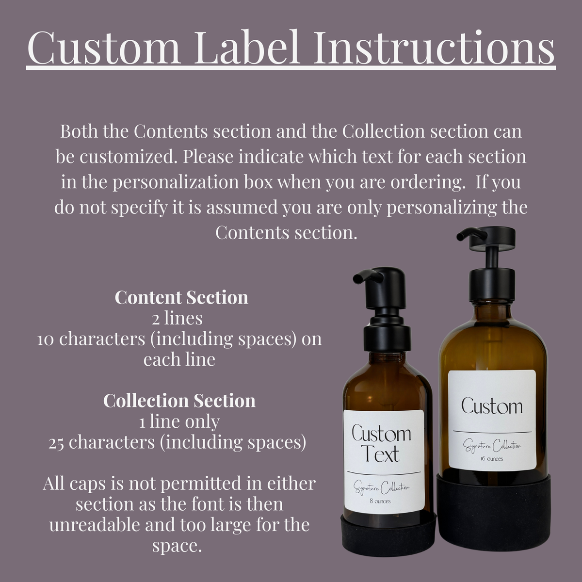 Amber Glass Dispenser with Silicone Sleeve - Signature Collection Custom Label showing personalization instructions