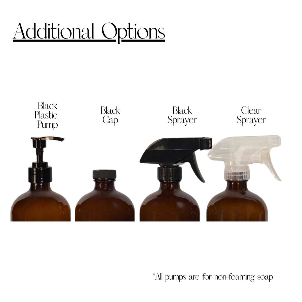 Amber Glass Dispenser with Silicone Sleeve - Apothecary Collection Custom Label showing available pump, sprayer and cap options
