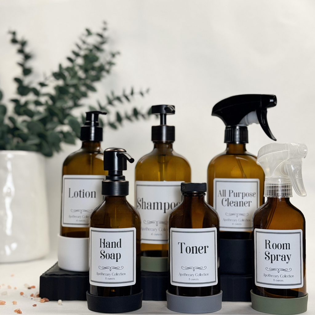 Amber Glass Dispenser with Silicone Sleeve - Apothecary Collection Custom Label showing available pump, sprayer and cap options