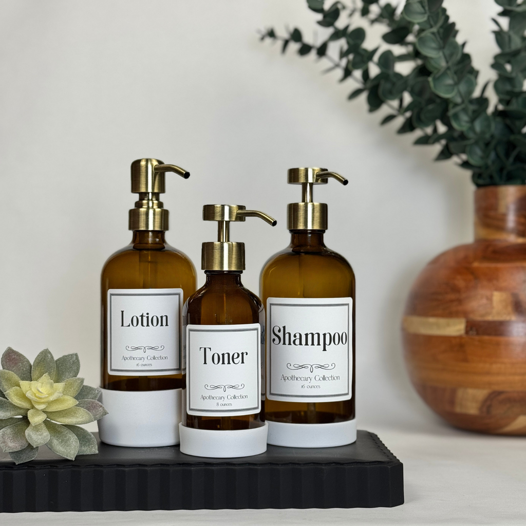 Amber Glass Dispenser with Silicone Sleeve - Apothecary Collection Custom Label showing pump finish options