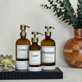Amber Glass Dispenser with Silicone Sleeve - Apothecary Collection Custom Label showing pump finish options