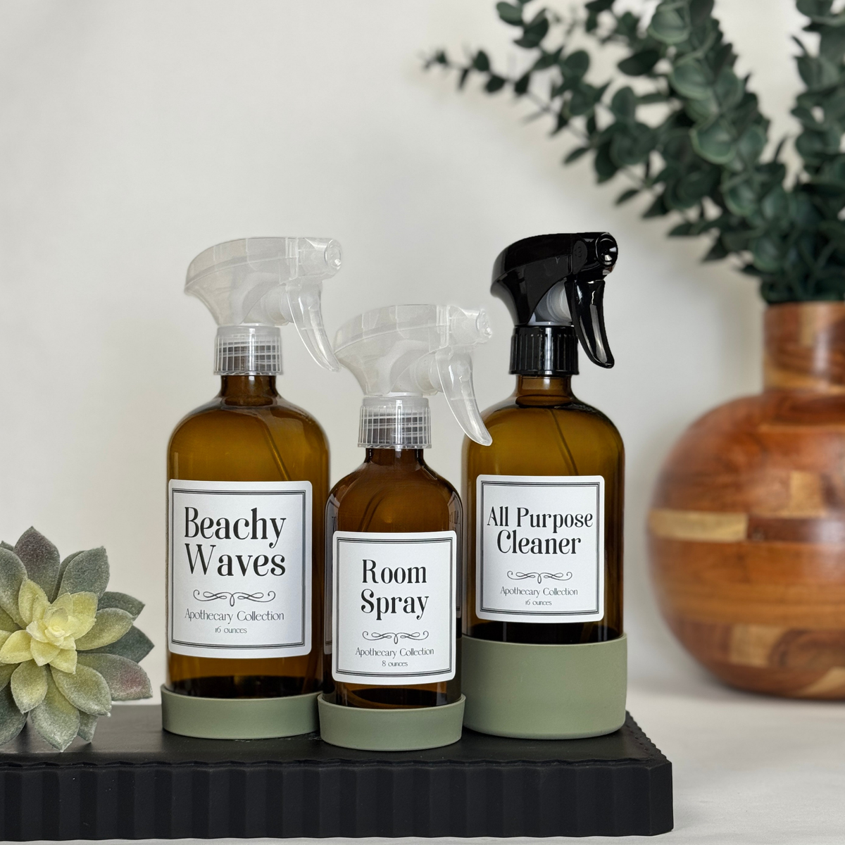 Amber Glass Dispenser with Silicone Sleeve - Apothecary Collection Custom Label showing spray top options