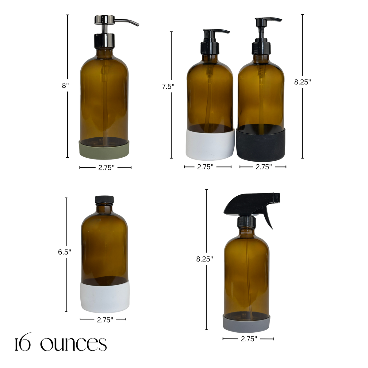 Amber Glass Dispenser with Silicone Sleeve - Apothecary Collection Custom Label showing 916 oz product dimensions