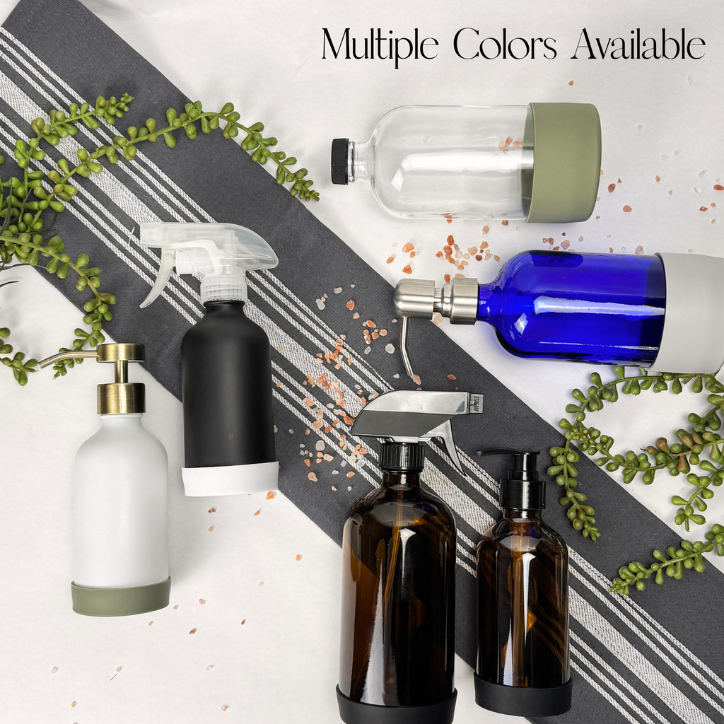 Amber Glass Dispenser with Silicone Sleeve showing available size options