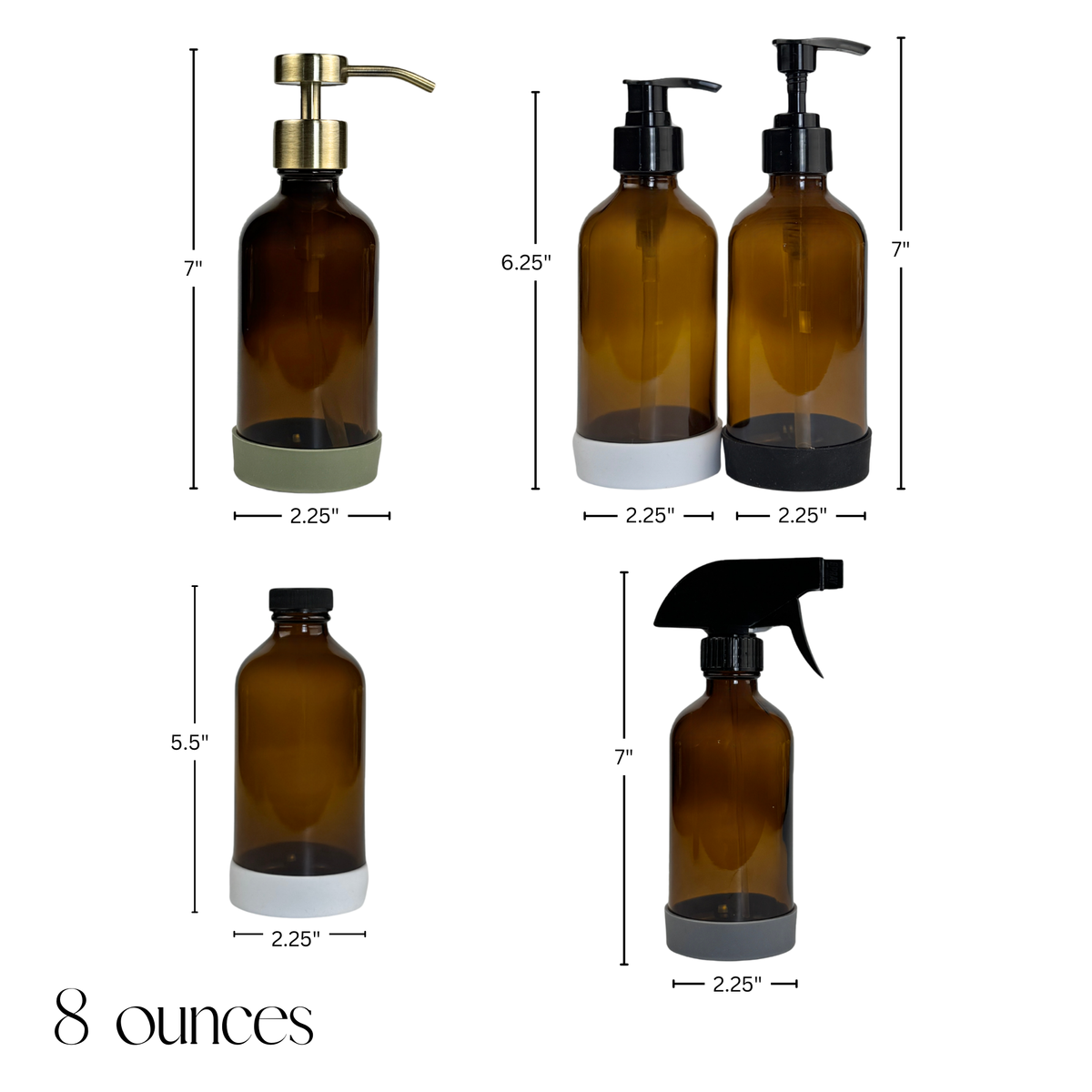 Amber Glass Dispenser with Silicone Sleeve showing 68 oz product dimensions
