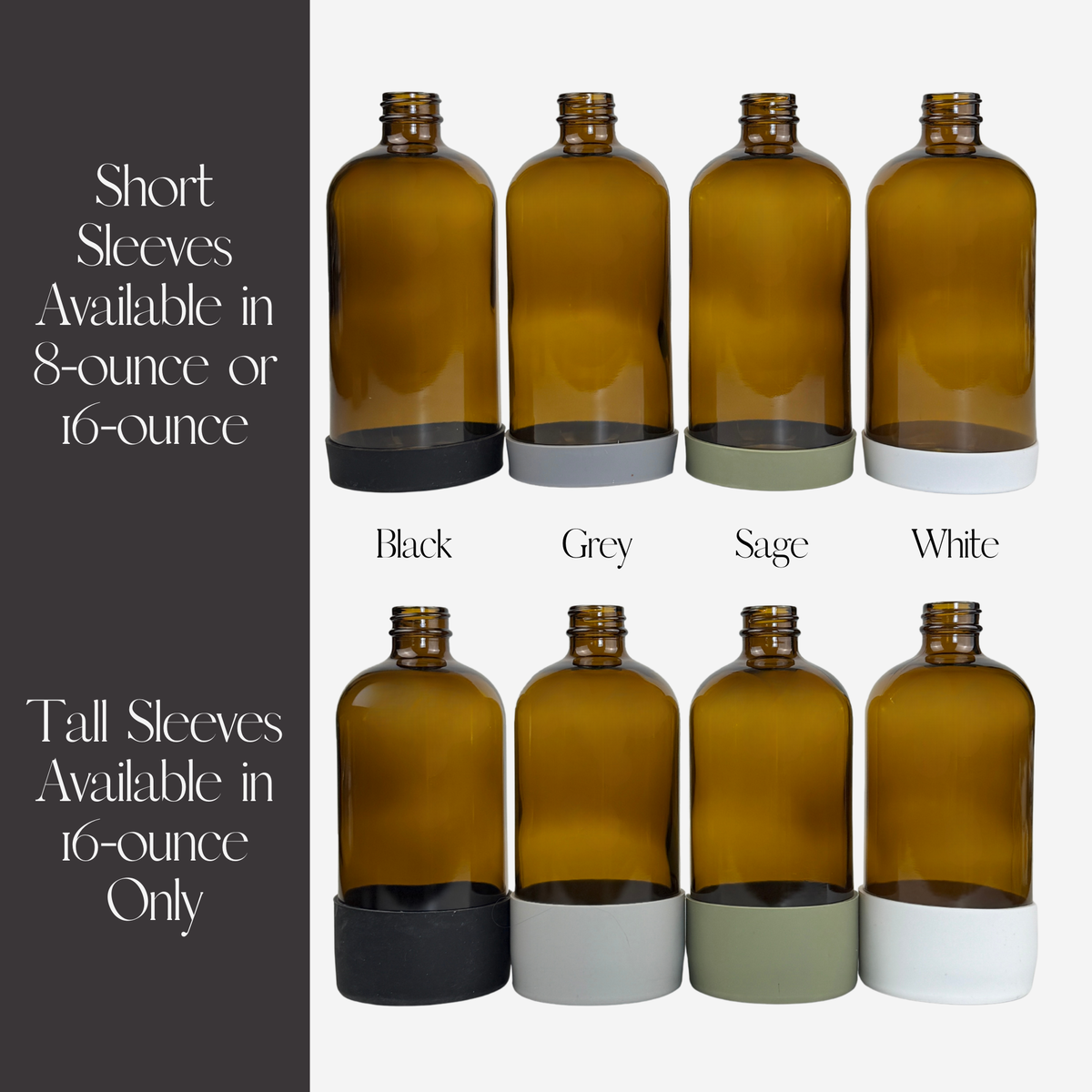 Amber Glass Dispenser with Silicone Sleeve - Signature Collection Custom Label showing silicone sleeve color options