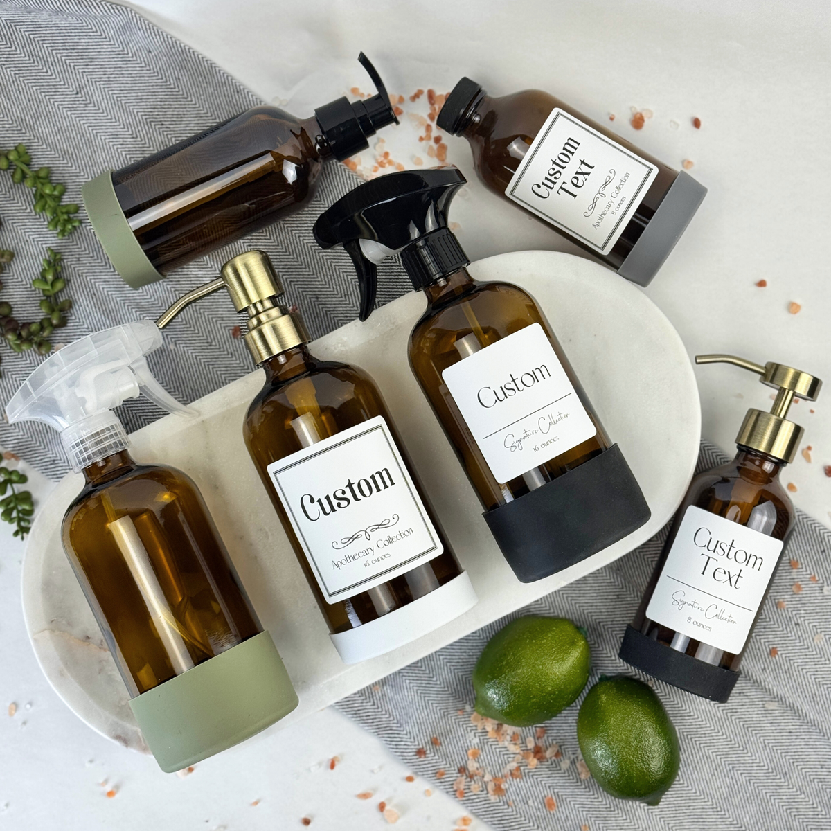 Amber Glass Dispenser with Silicone Sleeve - Signature Collection Custom Label showing custom label options