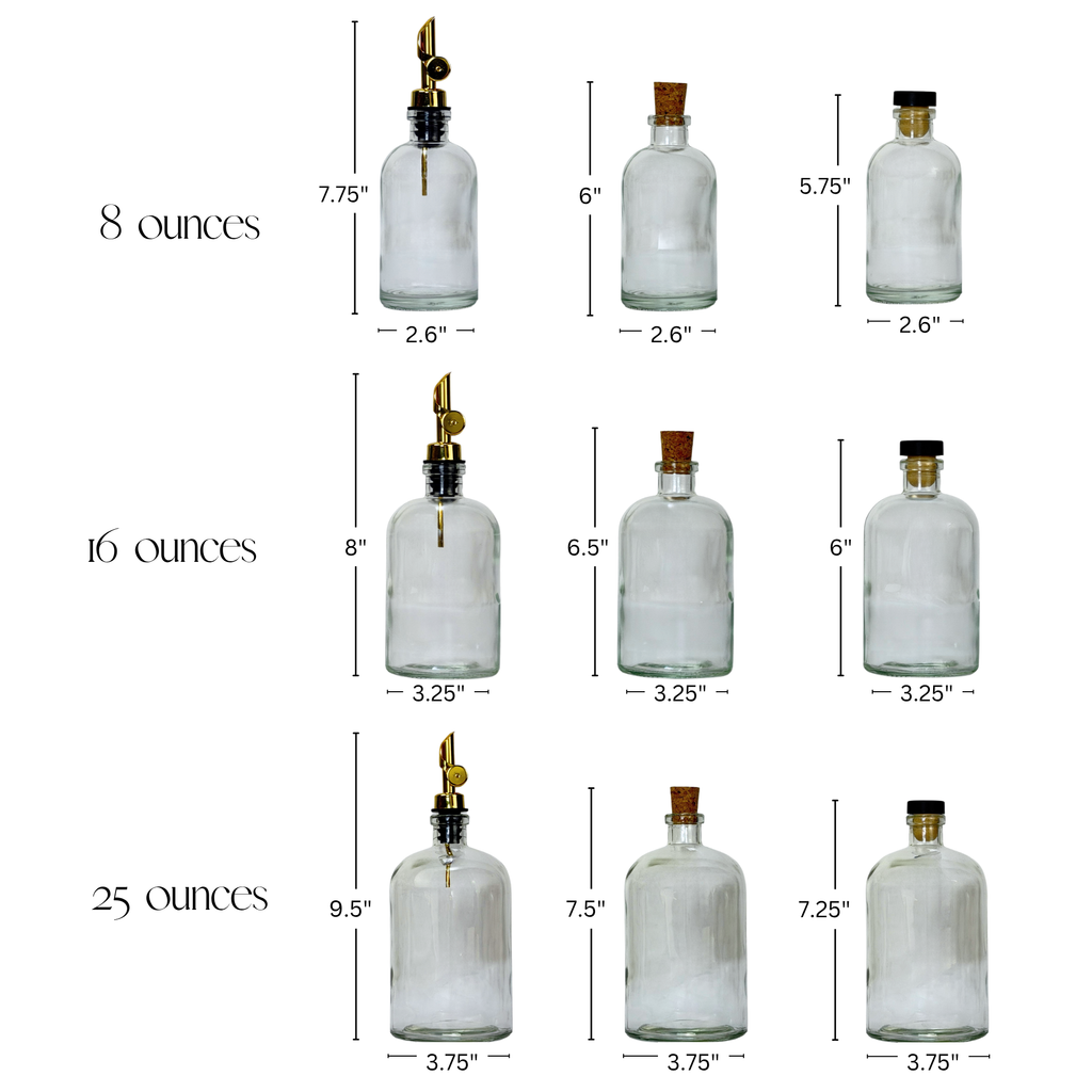 Clear Apothecary Glass Bottle - Apothecary Collection Custom Label showing product measurements