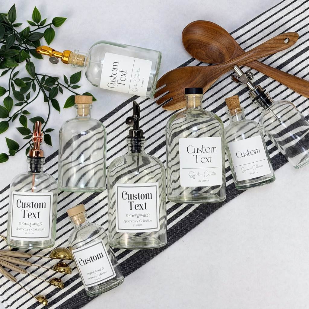 Clear Apothecary Glass Bottle - Signature Collection Custom Label showing custom label options