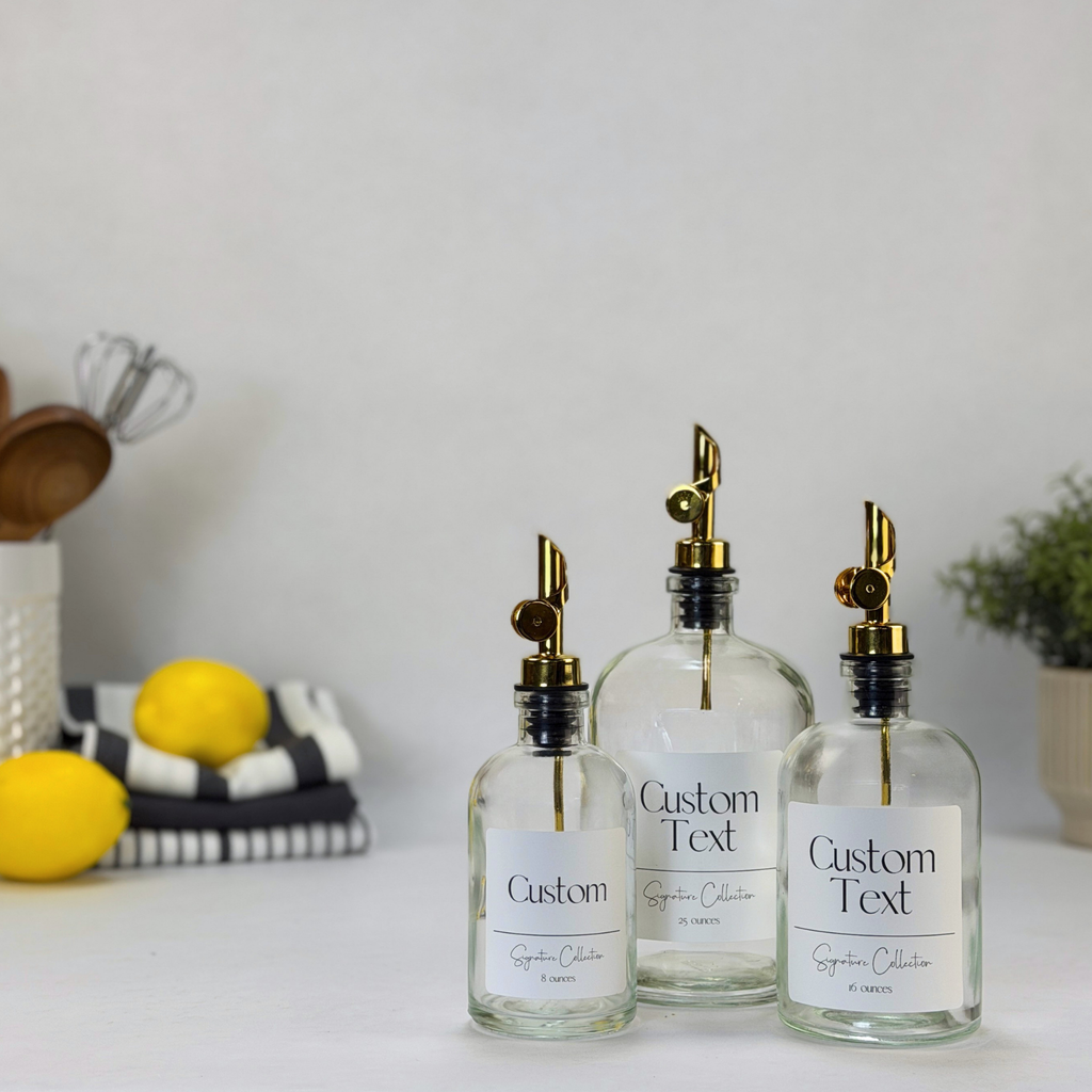 Clear Apothecary Glass Bottle - Signature Collection Custom Label showing custom label detail