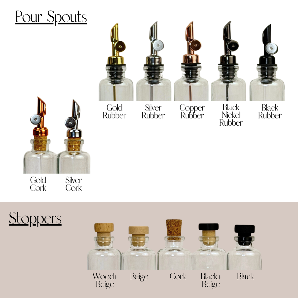 Moon Clear Apothecary Glass Bottle showing available pump, sprayer and cap options