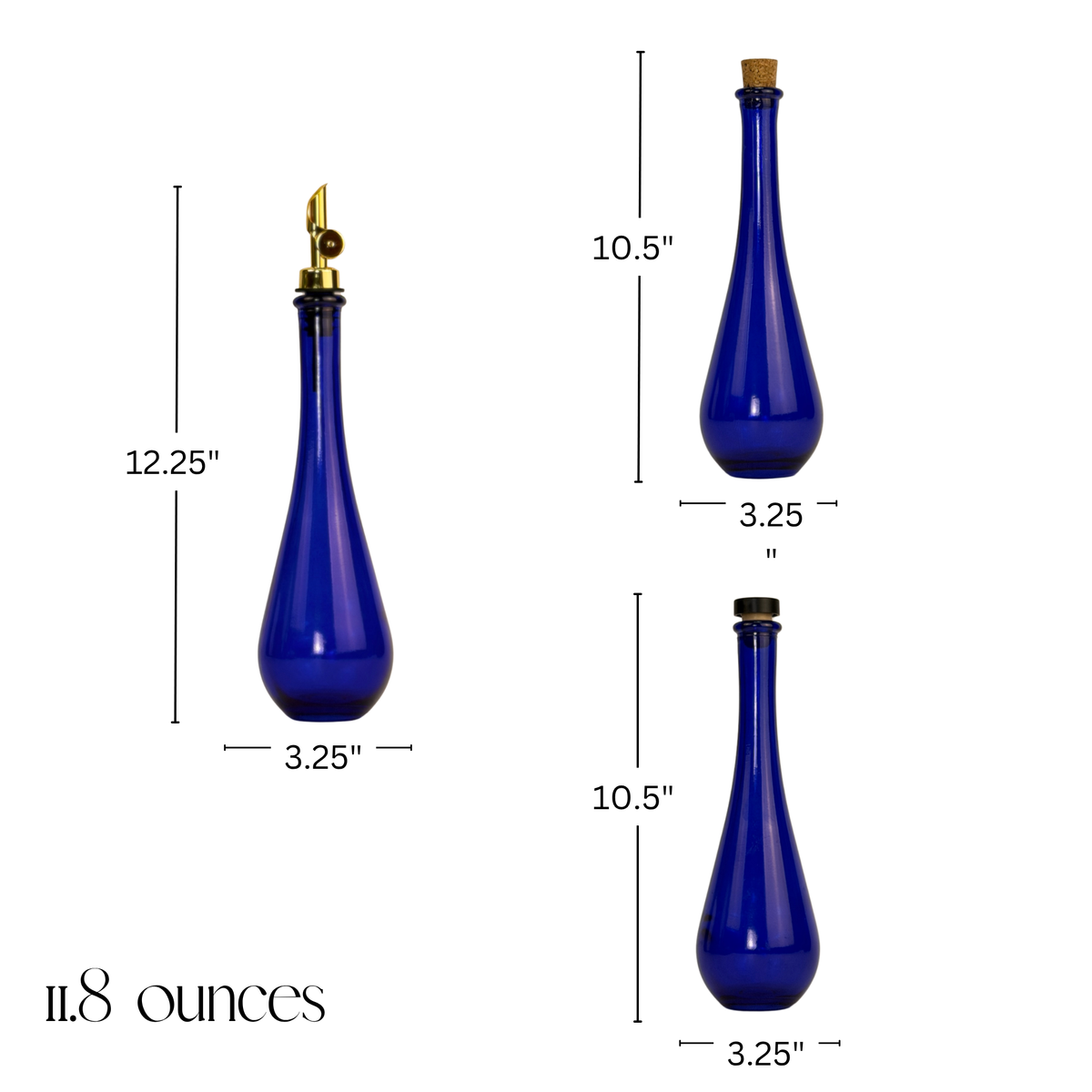 Raindrop Cobalt Blue Recycled Glass Apothecary Bottle showing product measurements