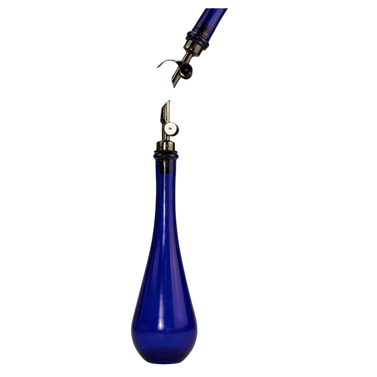 Raindrop Cobalt Blue Recycled Glass Apothecary Bottle showing pour spout option