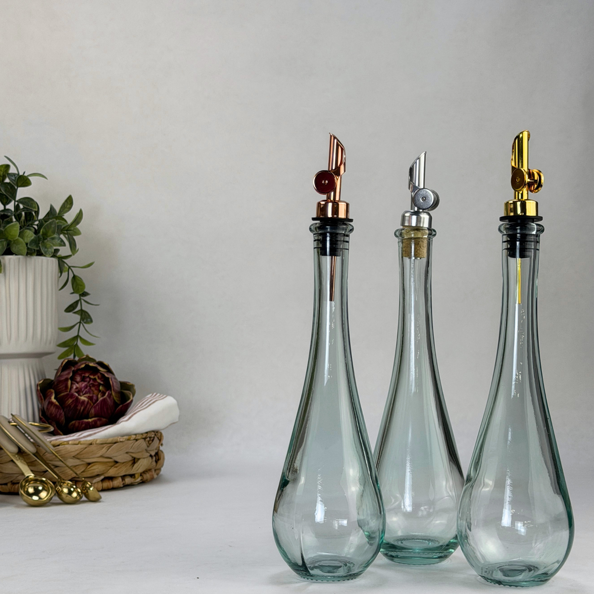 Raindrop Clear Apothecary Recycled Glass Bottle showing pour spout option