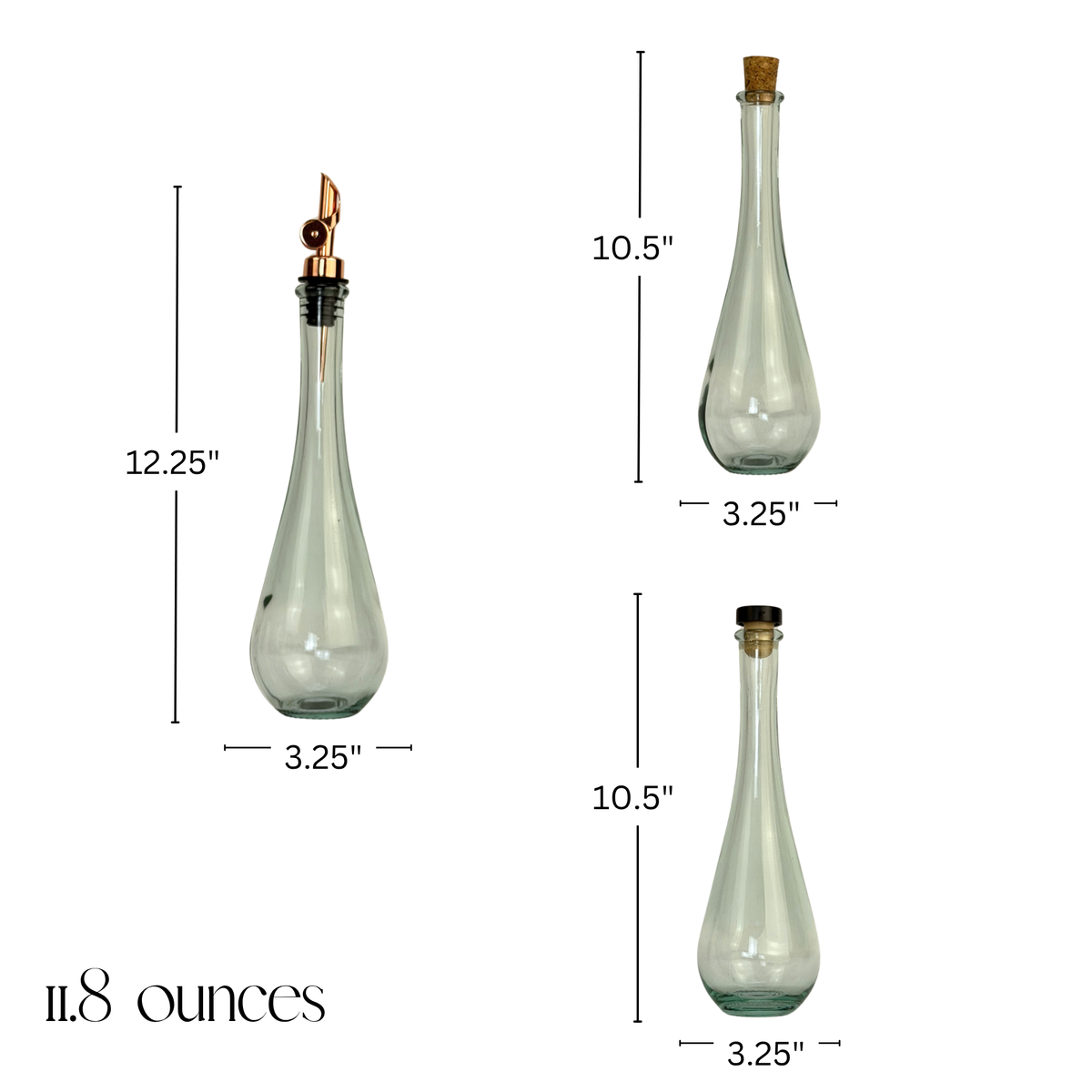 Raindrop Clear Apothecary Recycled Glass Bottle showing product measurements