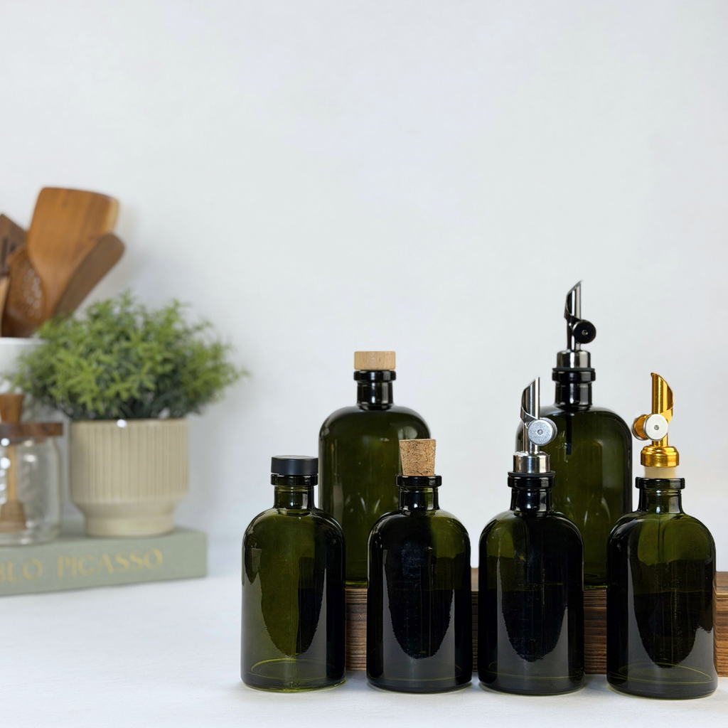 Vintage Green Apothecary Glass Bottle showing ceramic tag detail