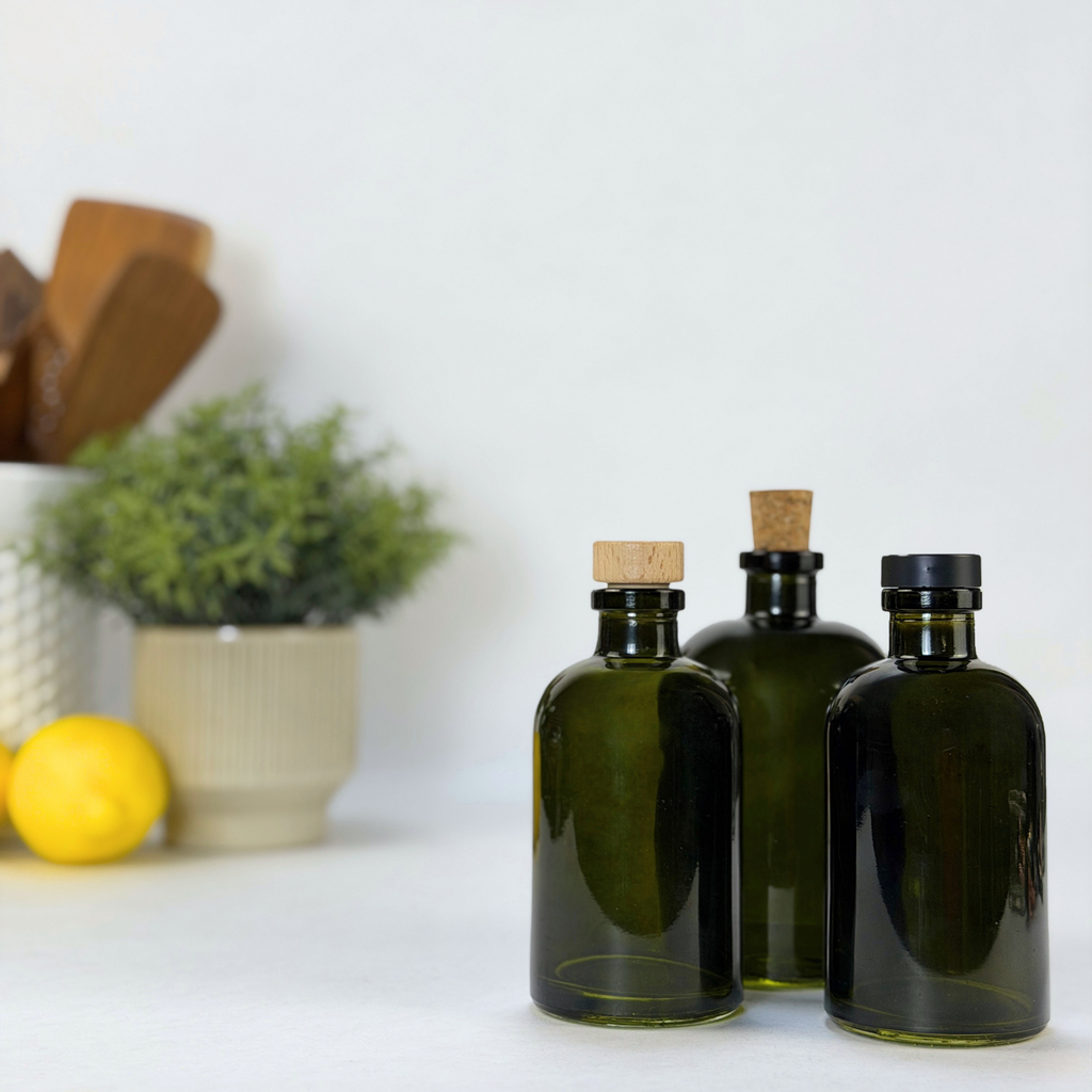Vintage Green Apothecary Glass Bottle showing ceramic tag detail