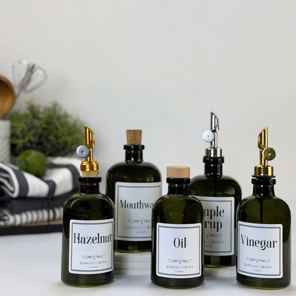 Vintage Green Apothecary Glass Bottle - Apothecary Collection Custom Label showing ceramic tag detail