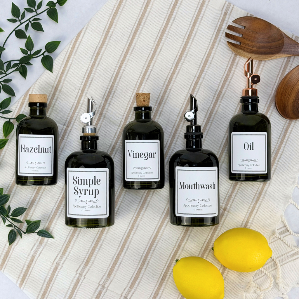 Vintage Green Apothecary Glass Bottle - Apothecary Collection Custom Label showing ceramic tag detail