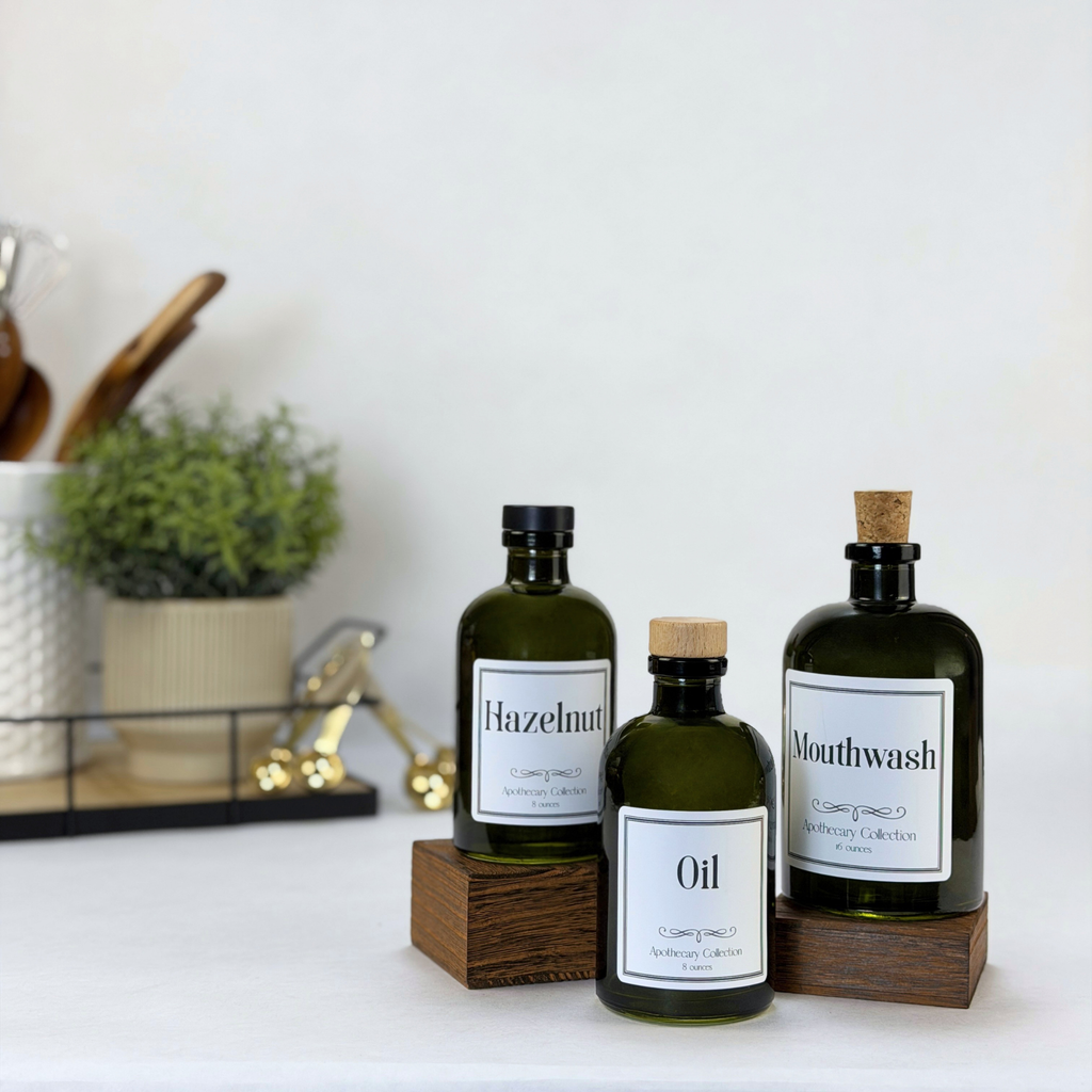 Vintage Green Apothecary Glass Bottle - Apothecary Collection Custom Label showing ceramic tag detail