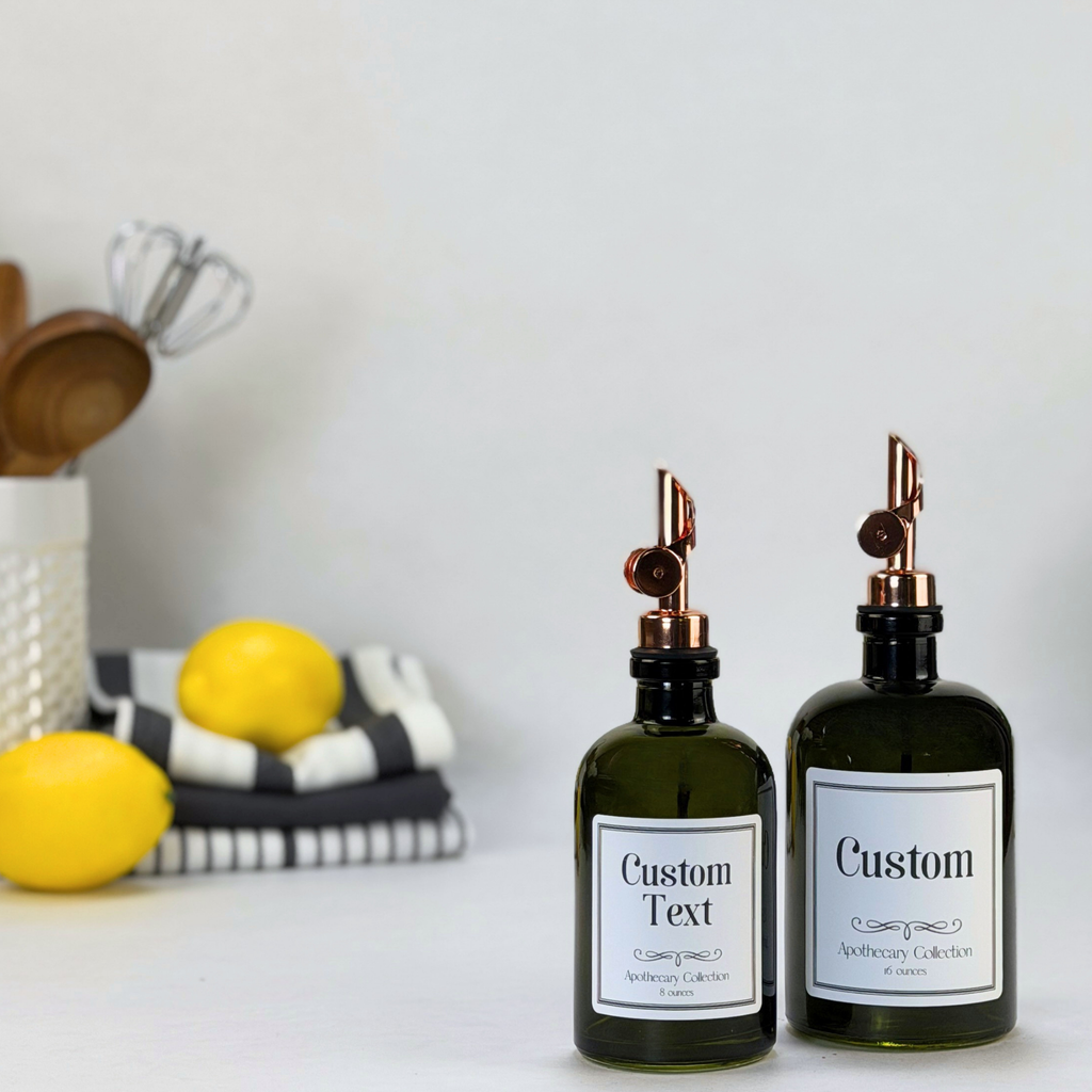 Vintage Green Apothecary Glass Bottle - Apothecary Collection Custom Label showing custom label detail