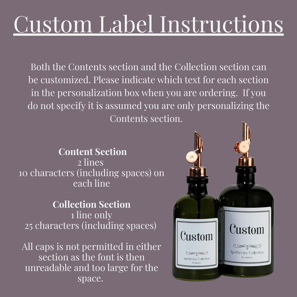 Vintage Green Apothecary Glass Bottle - Apothecary Collection Custom Label showing personalization instructions