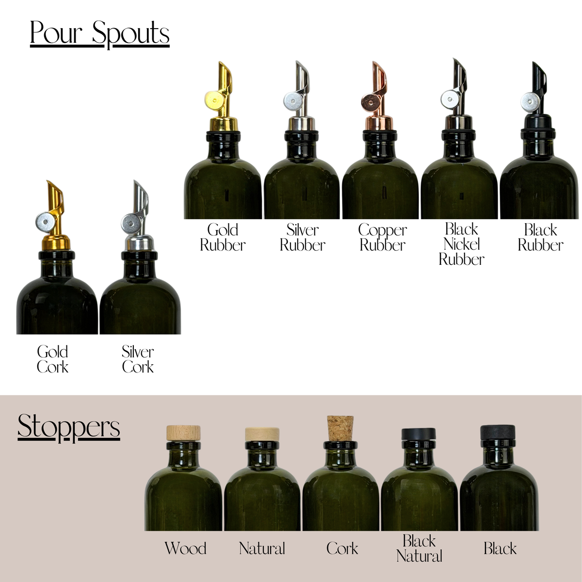 Vintage Green Apothecary Glass Bottle - Apothecary Collection Custom Label showing available pump, sprayer and cap options
