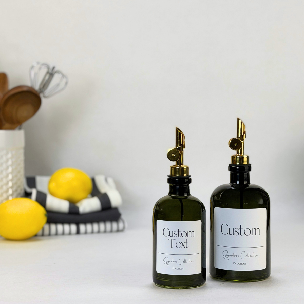 Vintage Green Apothecary Glass Bottle - Signature Collection Custom Label showing custom label detail