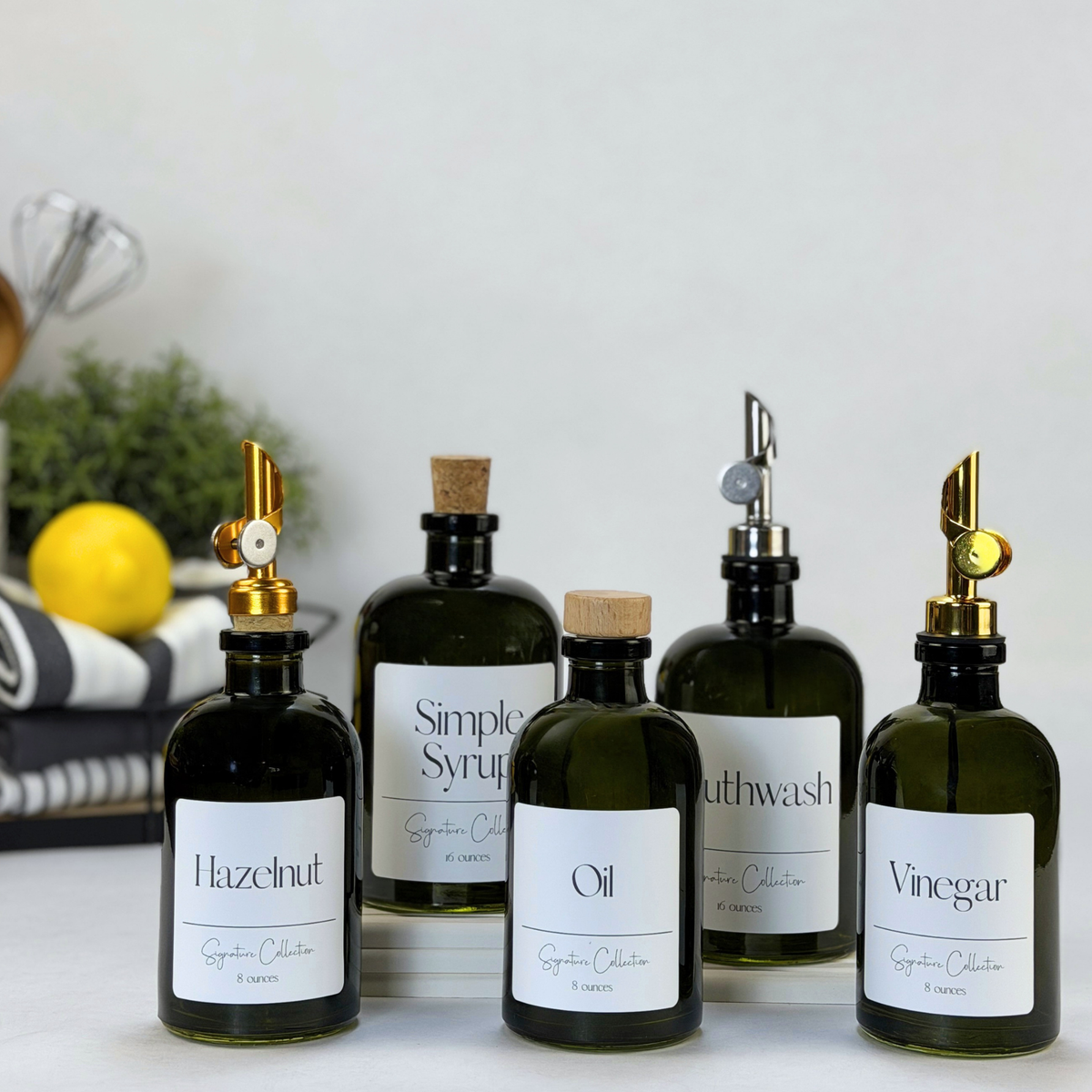 Vintage Green Apothecary Glass Bottle - Signature Collection Custom Label showing ceramic tag detail
