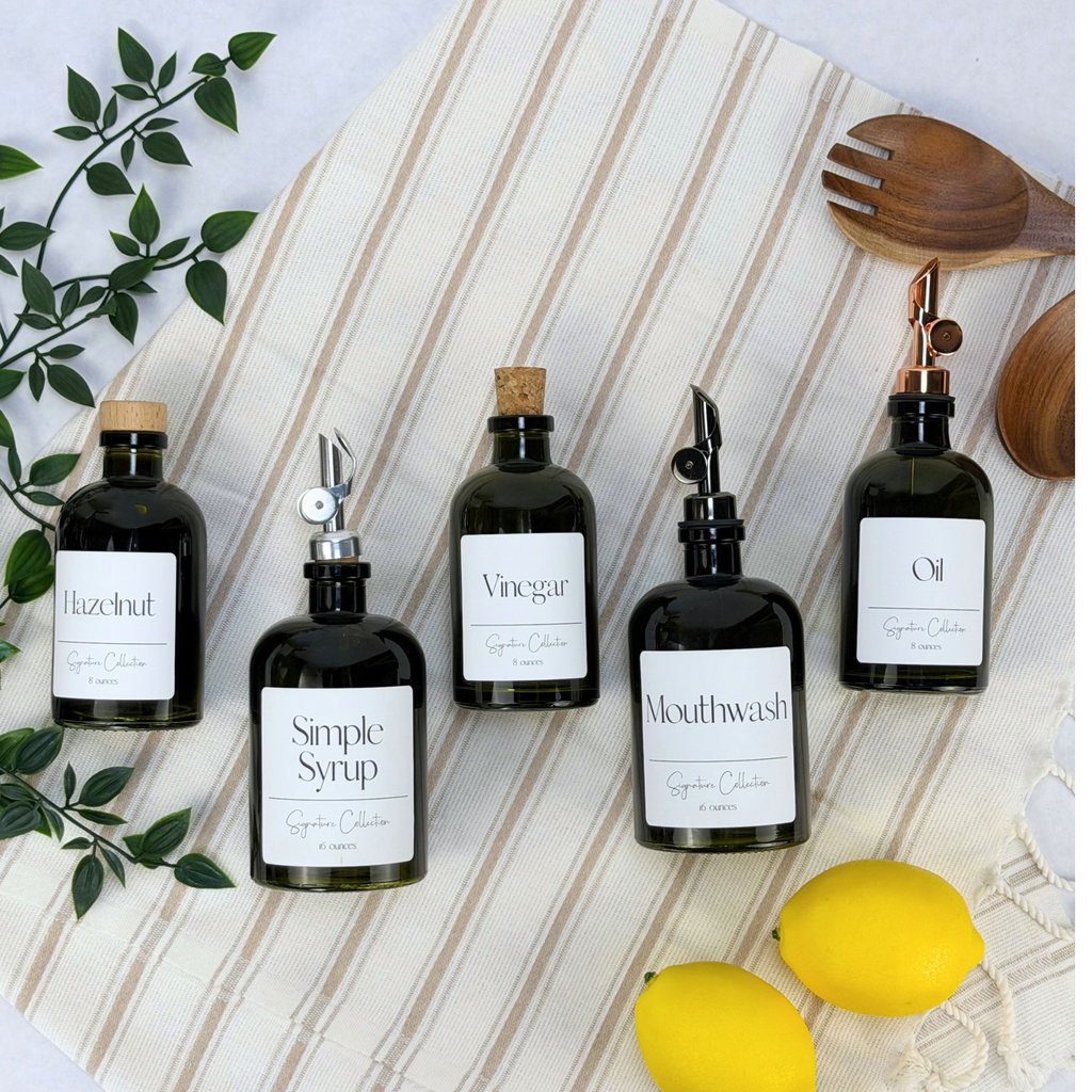 Vintage Green Apothecary Glass Bottle - Signature Collection Custom Label showing ceramic tag detail