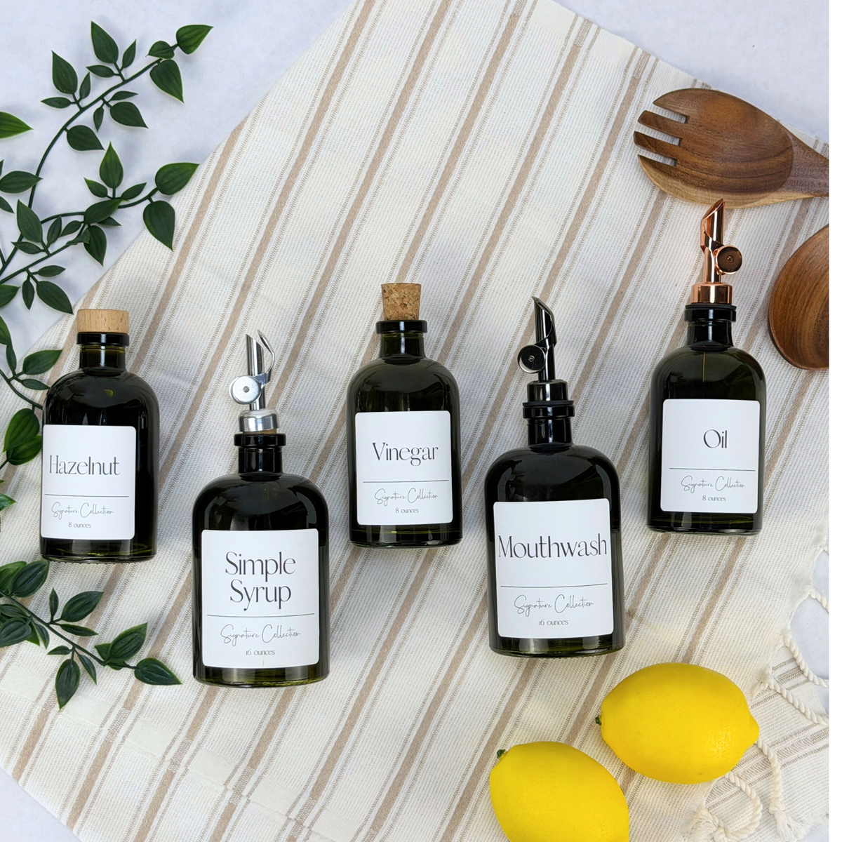 Vintage Green Apothecary Glass Bottle - Signature Collection Custom Label showing ceramic tag detail