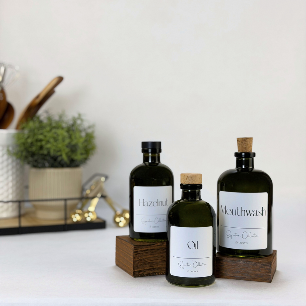 Vintage Green Apothecary Glass Bottle - Signature Collection Custom Label showing ceramic tag detail