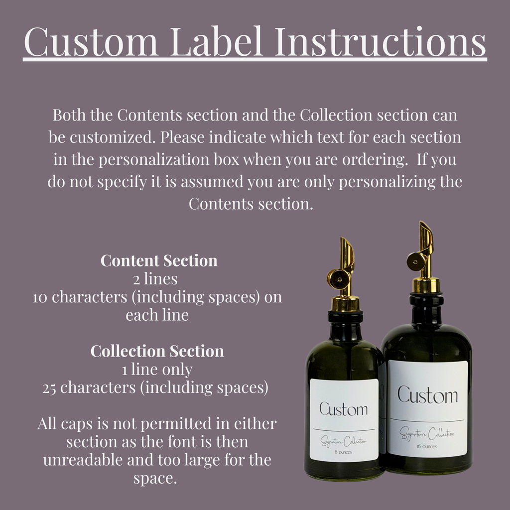 Vintage Green Apothecary Glass Bottle - Signature Collection Custom Label showing personalization instructions