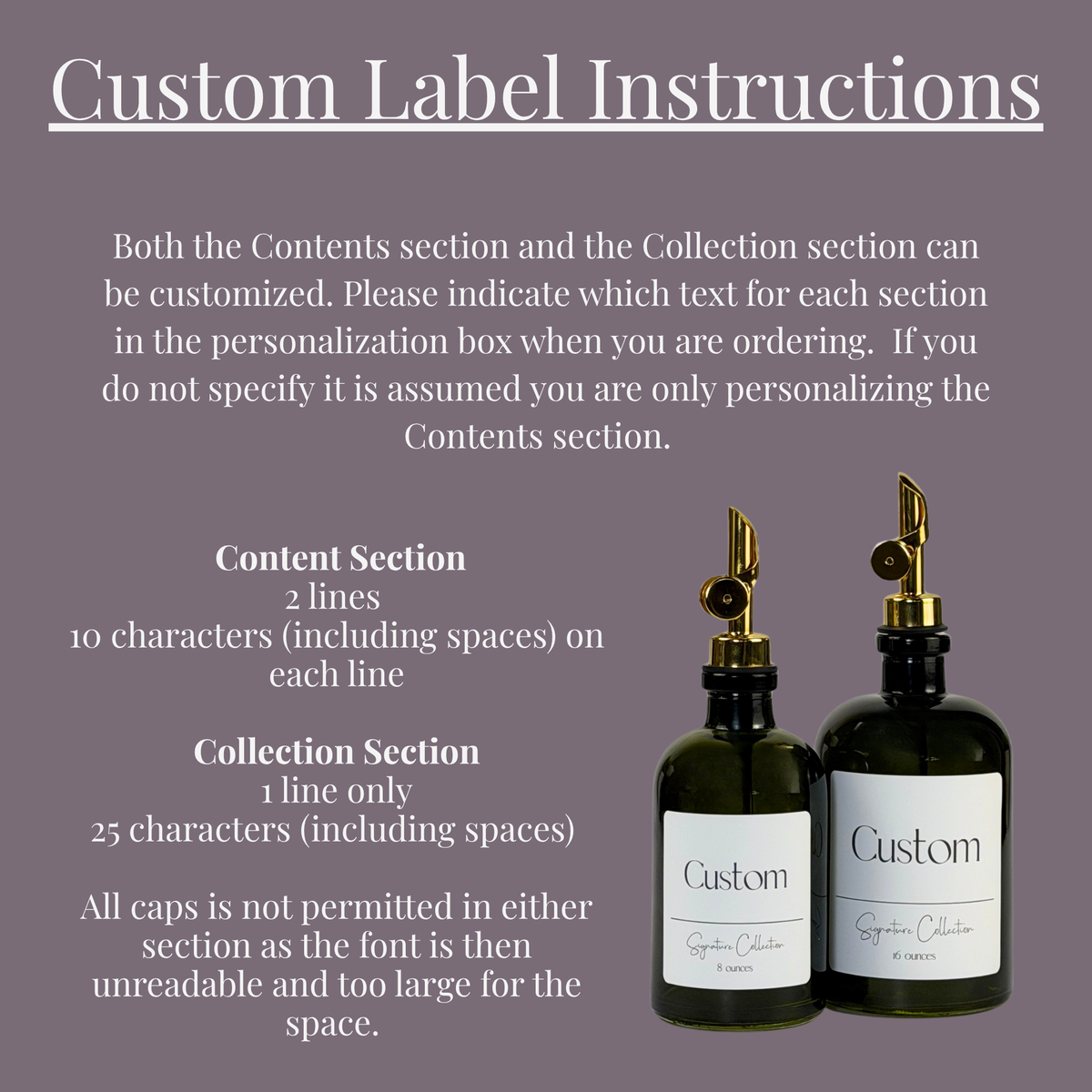 Vintage Green Apothecary Glass Bottle - Signature Collection Custom Label showing personalization instructions