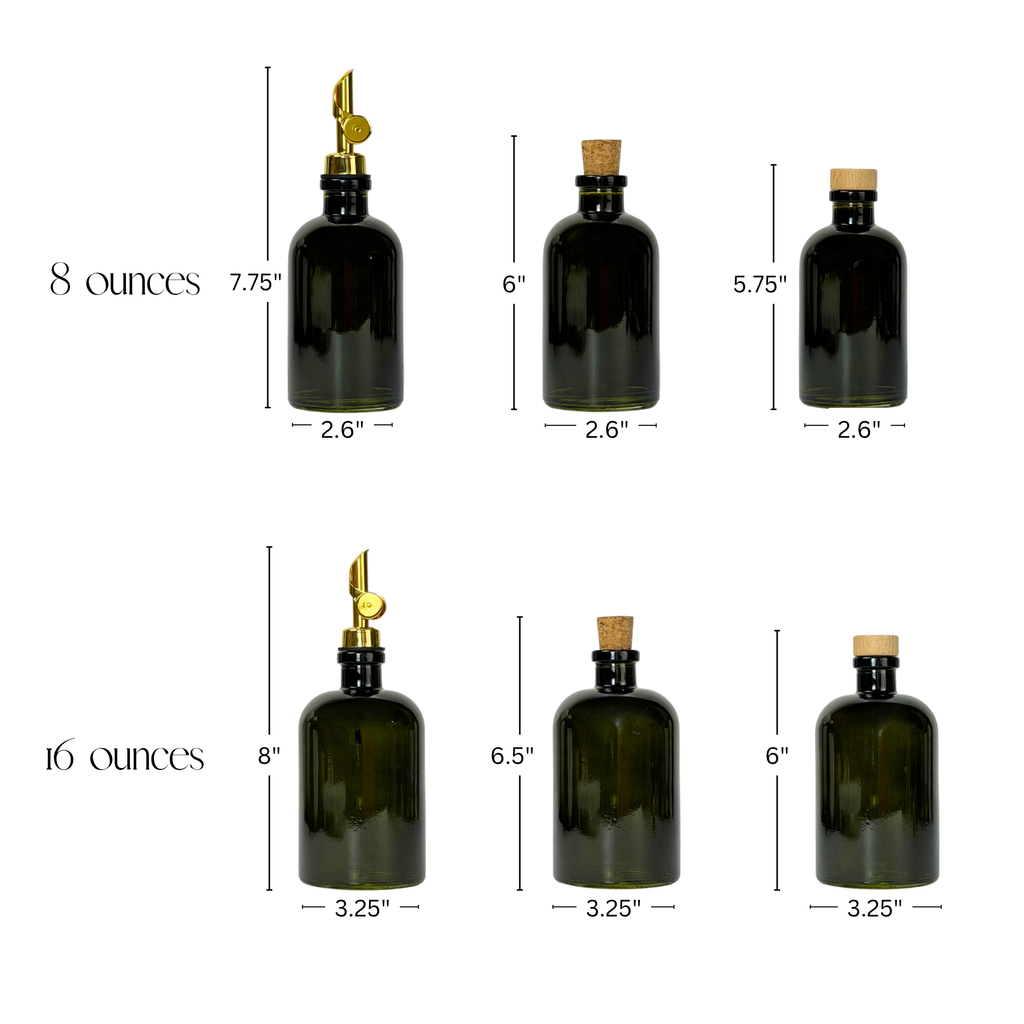 Vintage Green Apothecary Glass Bottle - Signature Collection Custom Label showing product measurements