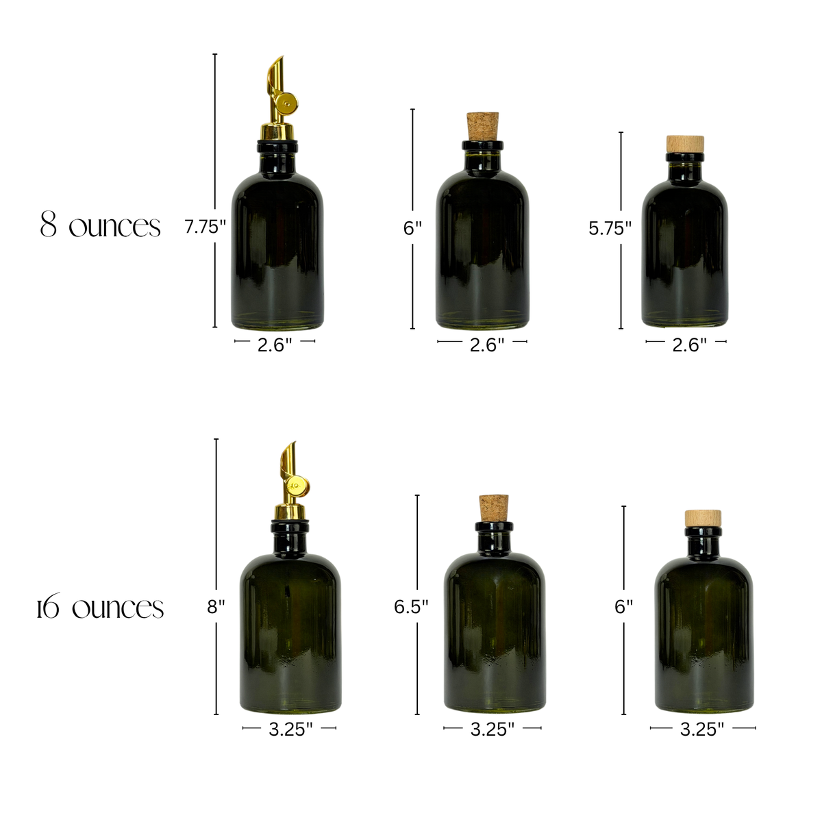 Vintage Green Apothecary Glass Bottle - Signature Collection Custom Label showing product measurements