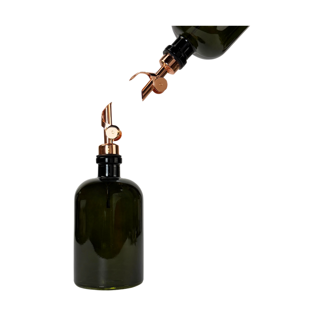Vintage Green Apothecary Glass Bottle - Signature Collection Custom Label showing pour spout option