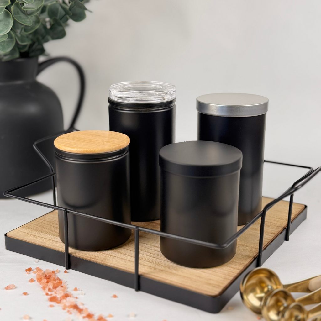 Black Matte Calypso Glass Storage Jars - Custom Label product detail