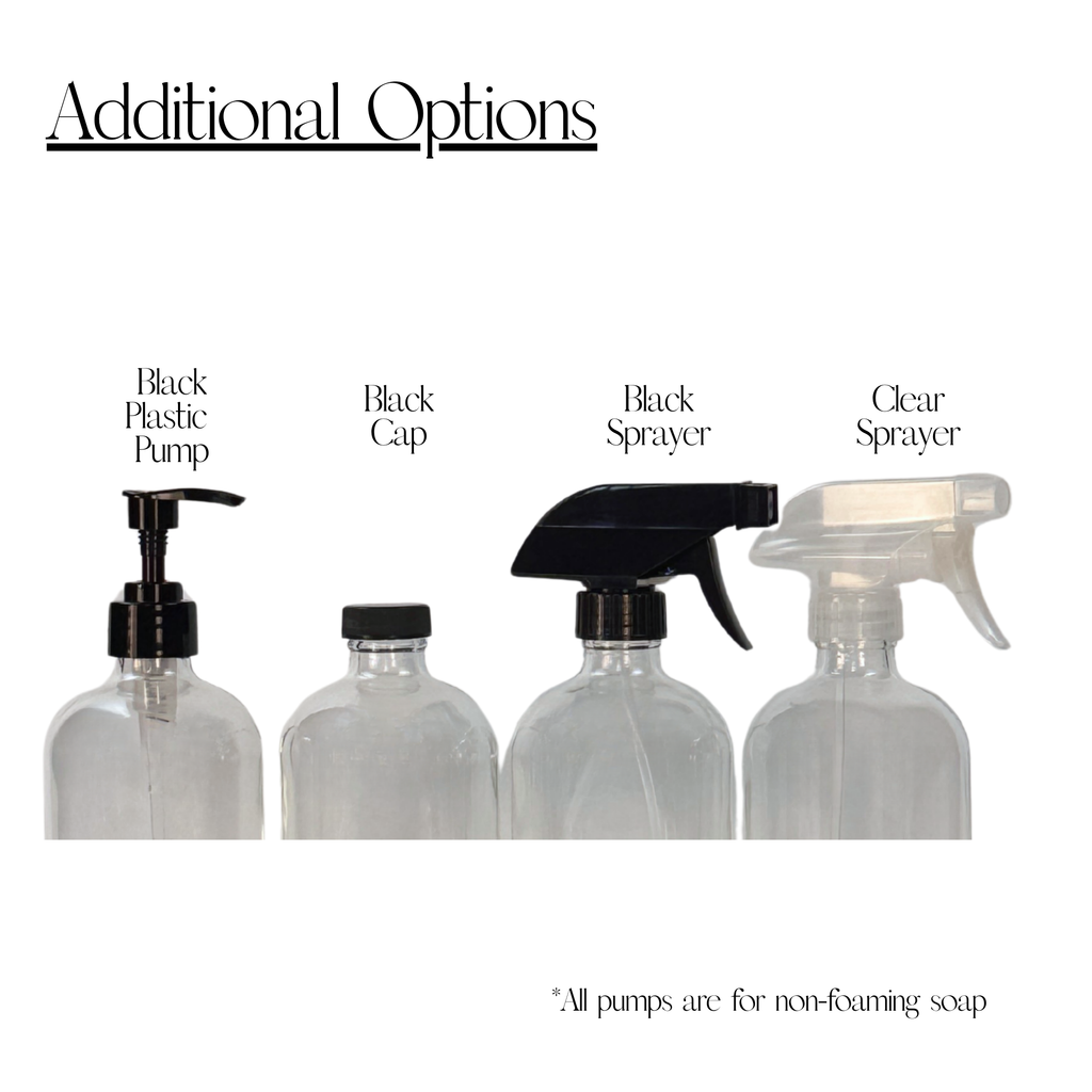 Clear Glass Dispenser with Silicone Sleeve - Apothecary Collection Custom Label showing available pump, sprayer and cap options