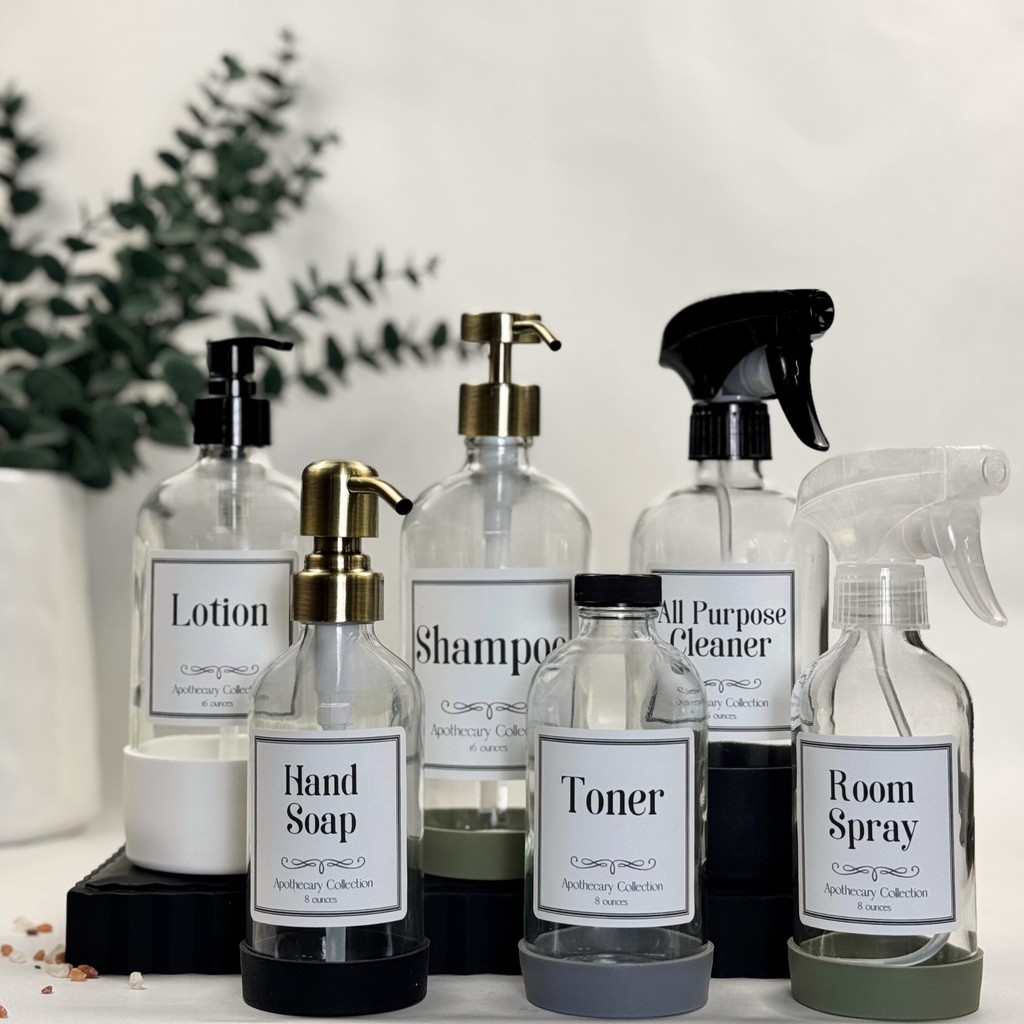 Clear Glass Dispenser with Silicone Sleeve - Apothecary Collection Custom Label showing available pump, sprayer and cap options