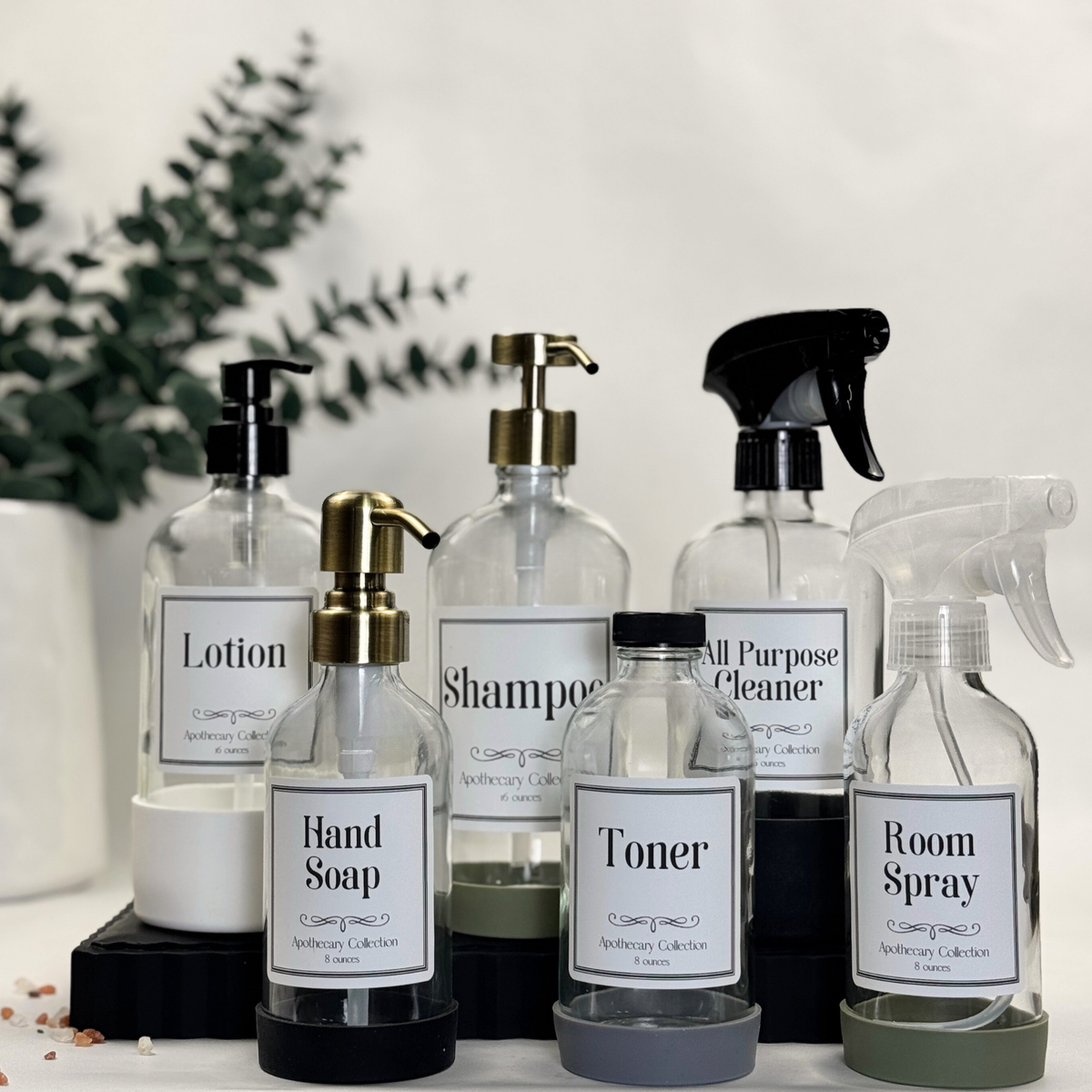 Clear Glass Dispenser with Silicone Sleeve - Apothecary Collection Custom Label showing available pump, sprayer and cap options