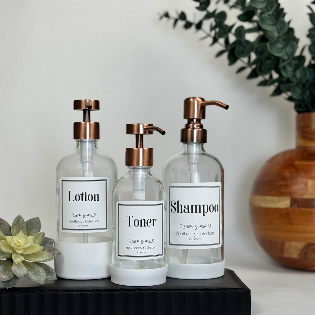 Clear Glass Dispenser with Silicone Sleeve - Apothecary Collection Custom Label showing pump finish options